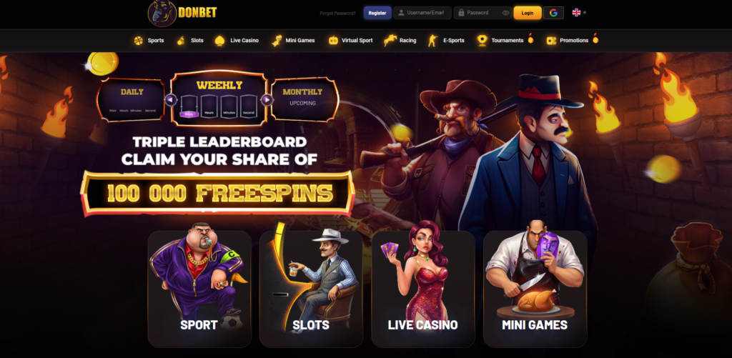 DonBet homepage showing Italian mafia theme and casino navigation