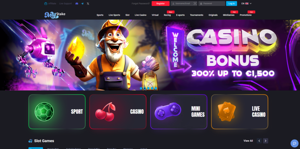 MyStake homepage showing casino and sportsbook navigation