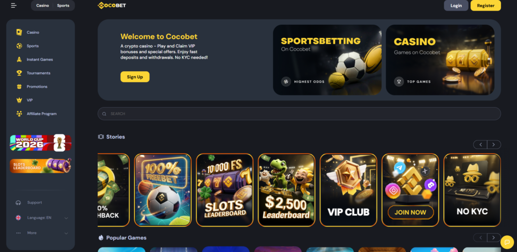 CocoBet homepage displaying crypto casino interface