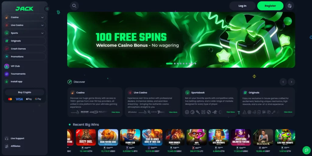 JACK casino homepage at jack.com showing sportsbook and casino tabs